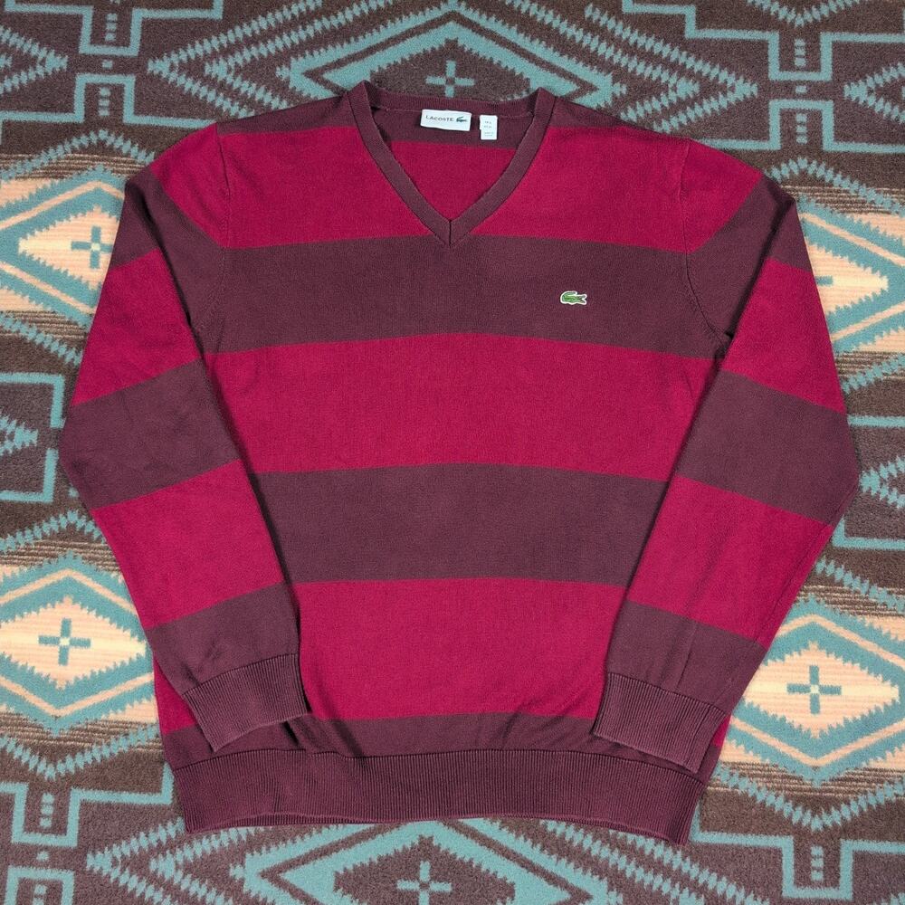 LACOSTE RED STRIPE V NECK SWEATER SIZE Large / XL Preppy Tyler The Creator Style